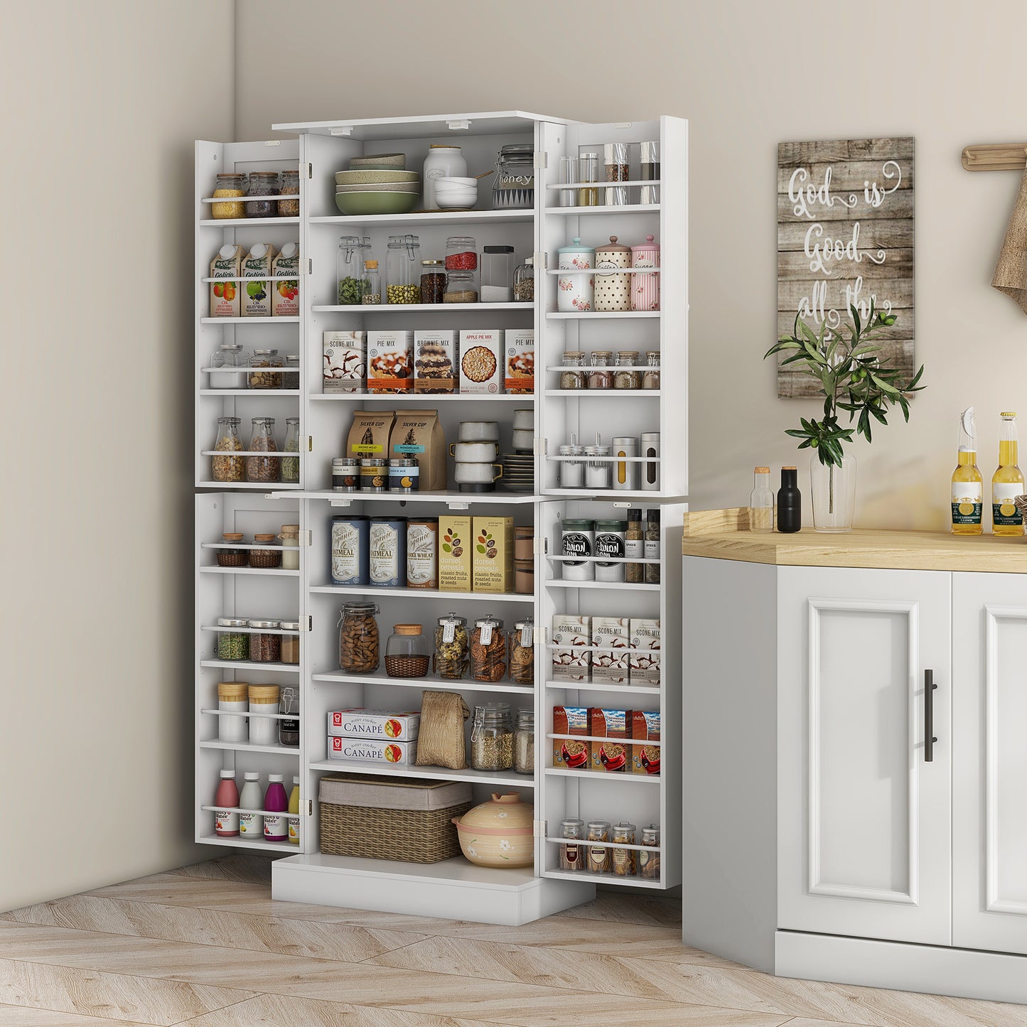 65-inch Kitchen Cabinet, Pantry with 4 Doors and 16 Shelves for Dining Room, White