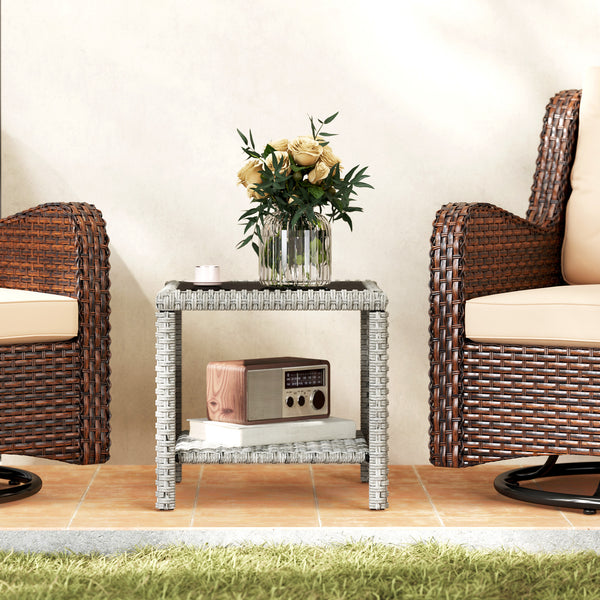 Table basse d'extérieur 48 cm en osier avec plateau en verre et étagère de rangement pour jardin, véranda, balcon, terrasse, gris foncé