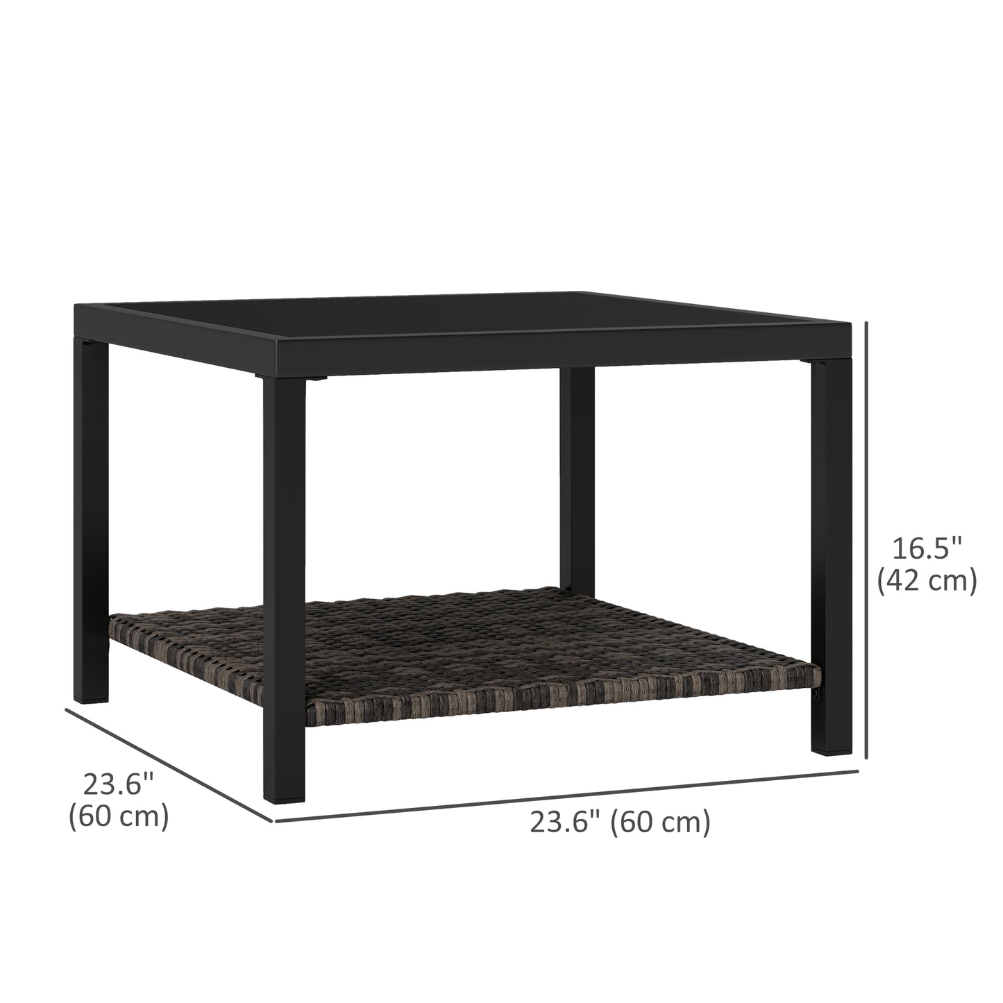 Table basse d'extérieur avec plateau en verre trempé et étagère de rangement pour terrasse, jardin et balcon, noire