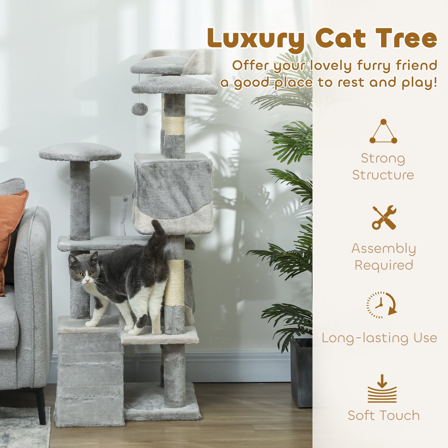 53" Cat Tree with Scratching Post, Large Kitten Playhouse, Multi-Level Activity Center, Gray