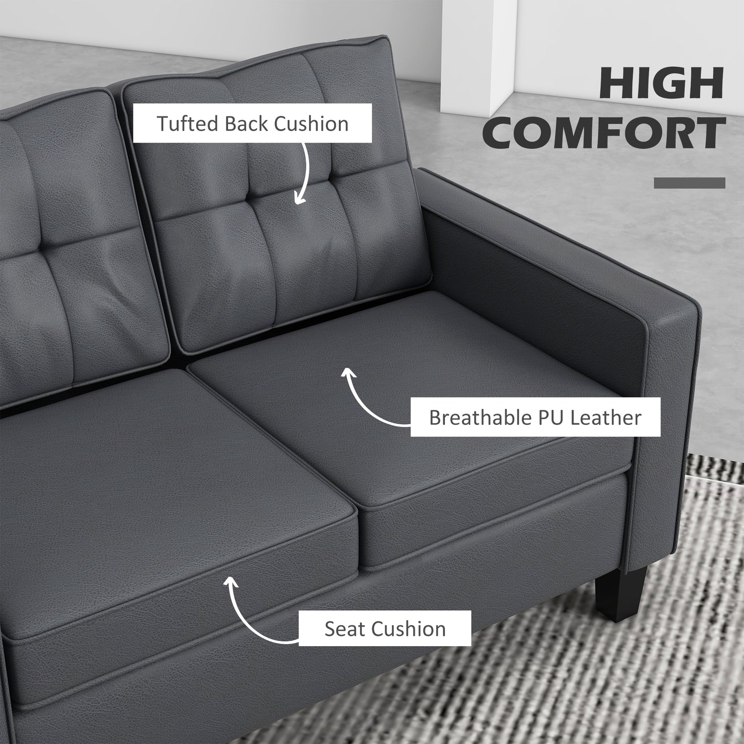Upholstered faux leather loveseat with armrests, pocket spring cushion, gray