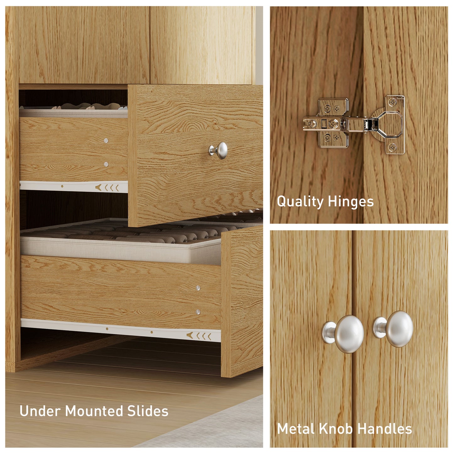 Armoire penderie moderne avec 2 tiroirs et tringle de suspension, bois naturel