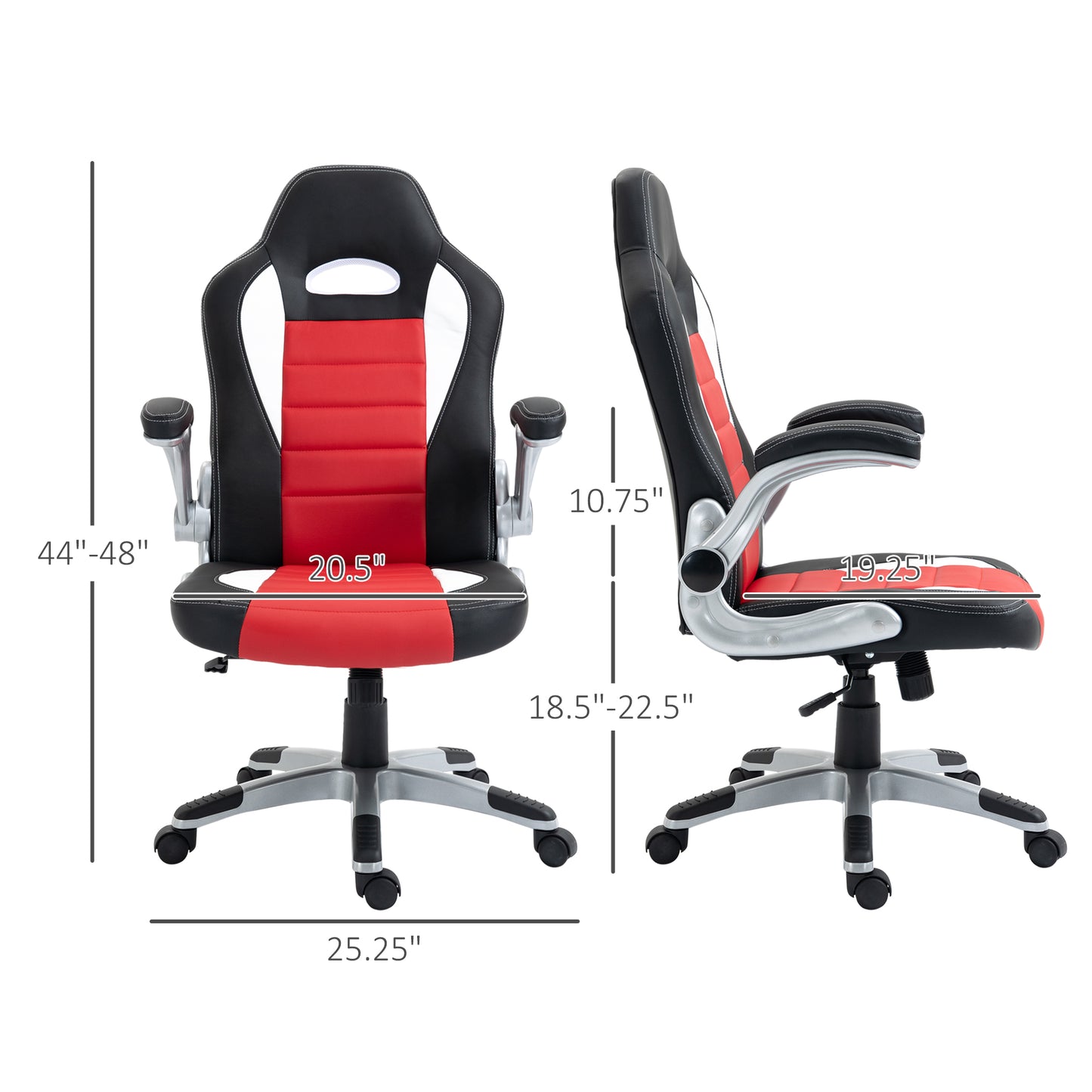 Gaming chair in synthetic leather, adjustable height, flip-up armrests, swivel casters, red