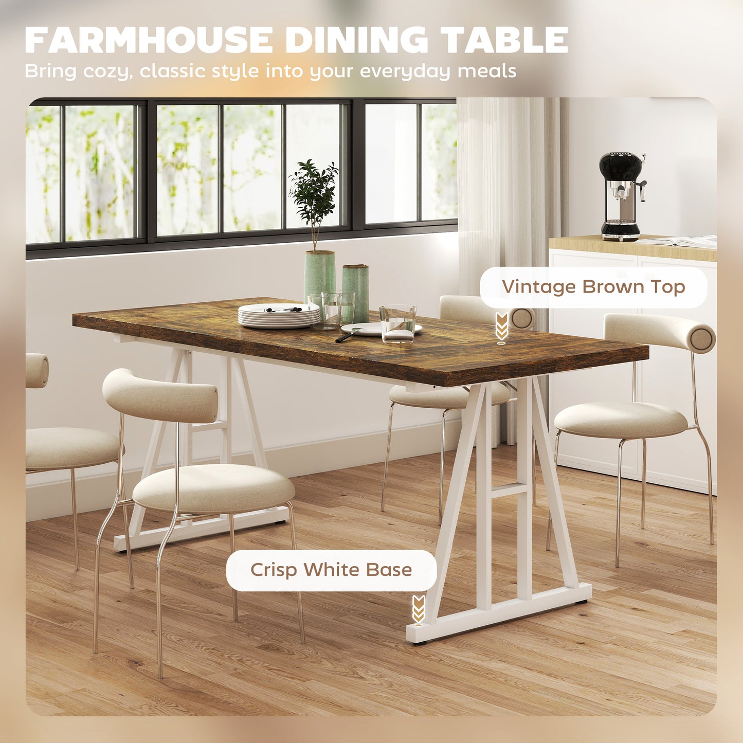 Table de cuisine style Farmhouse pour 8 personnes, rectangulaire avec plateau épais et pieds en tréteaux en acier, marron et blanc