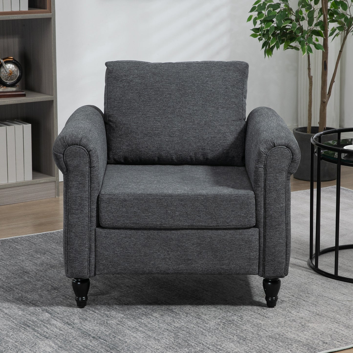 Vintage upholstered armchair with rolled armrests, rubberwood legs, dark gray