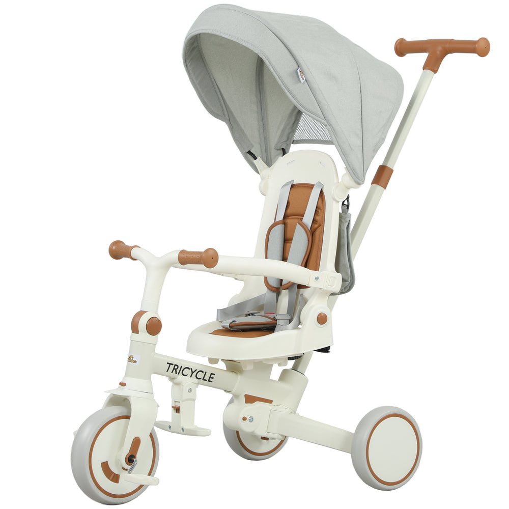 Tricycle 7 en 1 avec harnais de sécurité, poignée parentale réglable et amovible, blanc crème