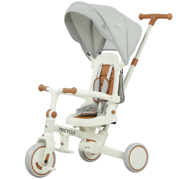 Tricycle 7 en 1 avec harnais de sécurité, poignée parentale réglable et amovible, blanc crème