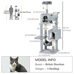 Large 178cm Multi-Level Cat Tree with Hammock, Basket & Sisal Scratching Posts, Blue-Grey