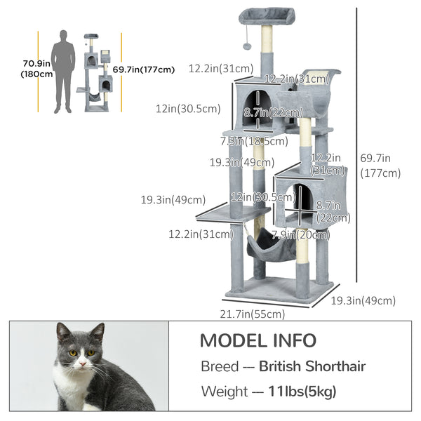 Large 178cm Multi-Level Cat Tree with Hammock, Basket & Sisal Scratching Posts, Blue-Grey