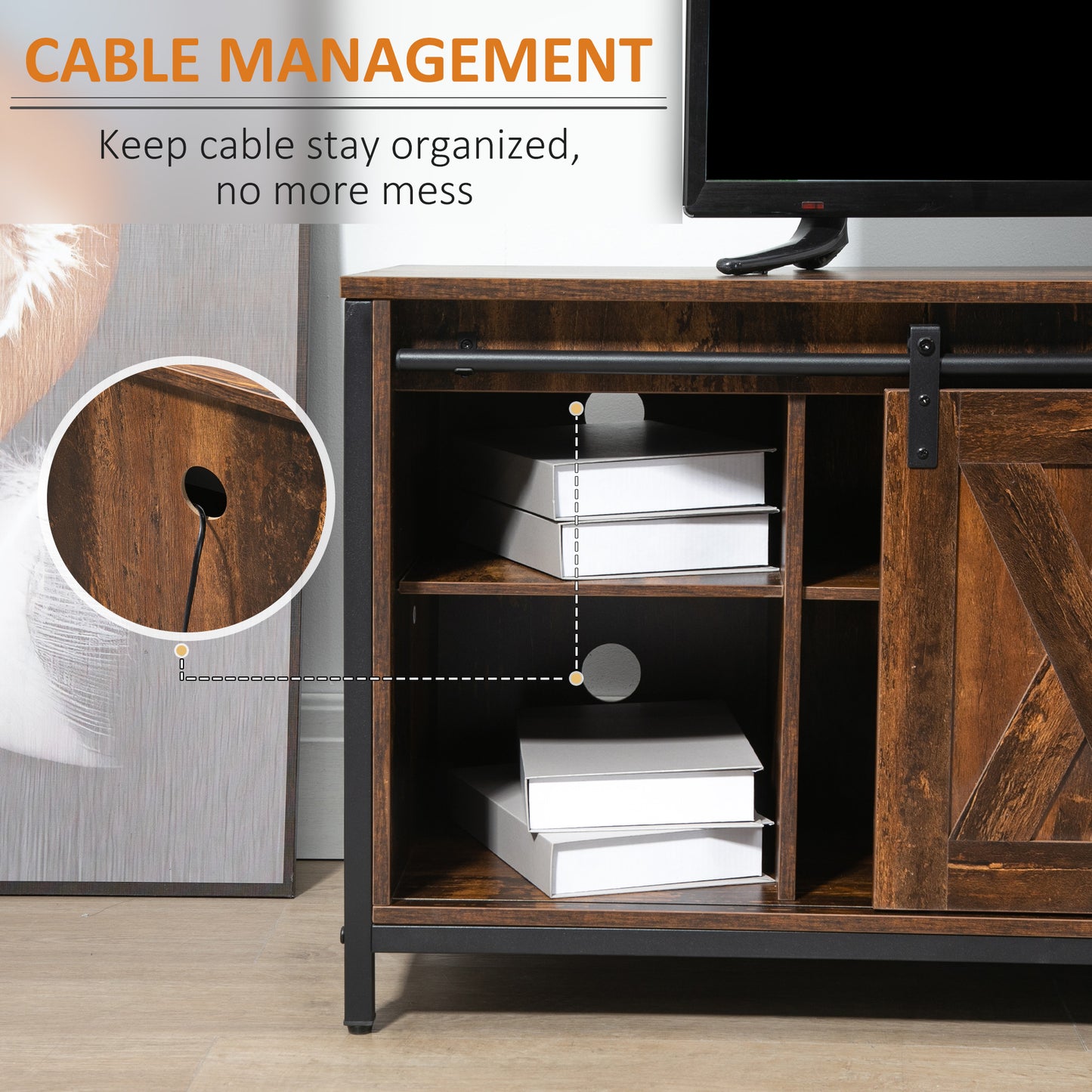 Meuble TV industriel HOMCOM pour téléviseurs jusqu'à 60 pouces, console TV avec rangement et 2 portes coulissantes, meuble de divertissement autonome pour salon et chambre, marron