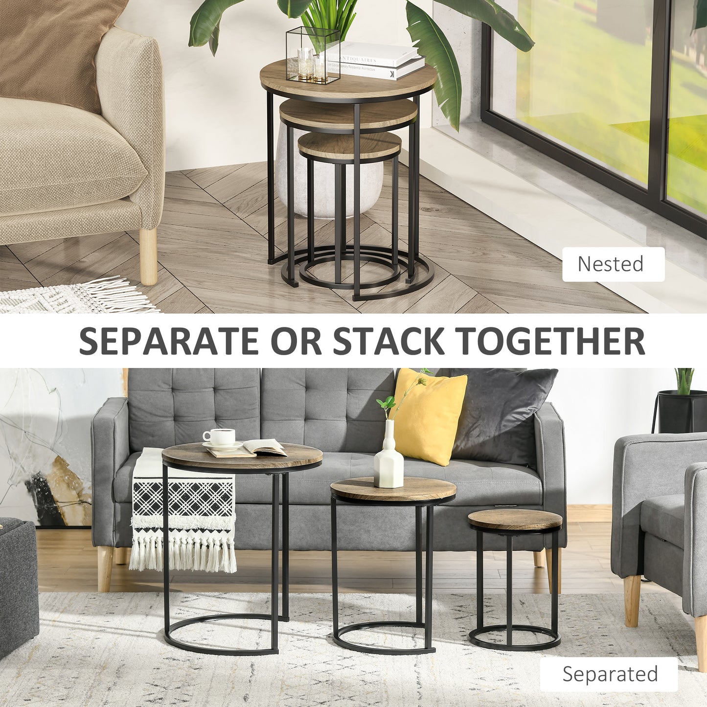 Lot de 3 tables d'appoint empilables avec cadre en acier pour salon
