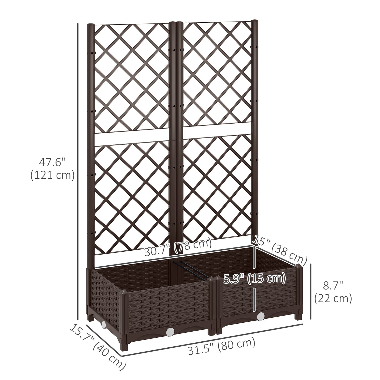Jardinière surélevée Outsunny avec treillis, plate-bande surélevée en plastique avec trous de drainage et bouchons de drainage, 81 x 40 x 122 cm