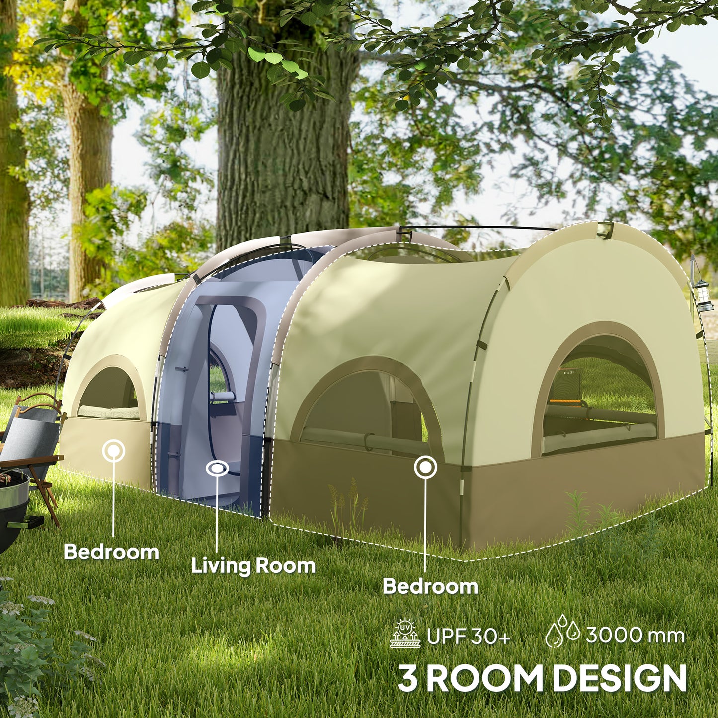 Outsunny 4-6 Person Camping Tent, 3 Room Cabin Tent, 3000mm Waterproof & UPF 30+, with Sewn-in Groundsheet & Carry Bag, Khaki