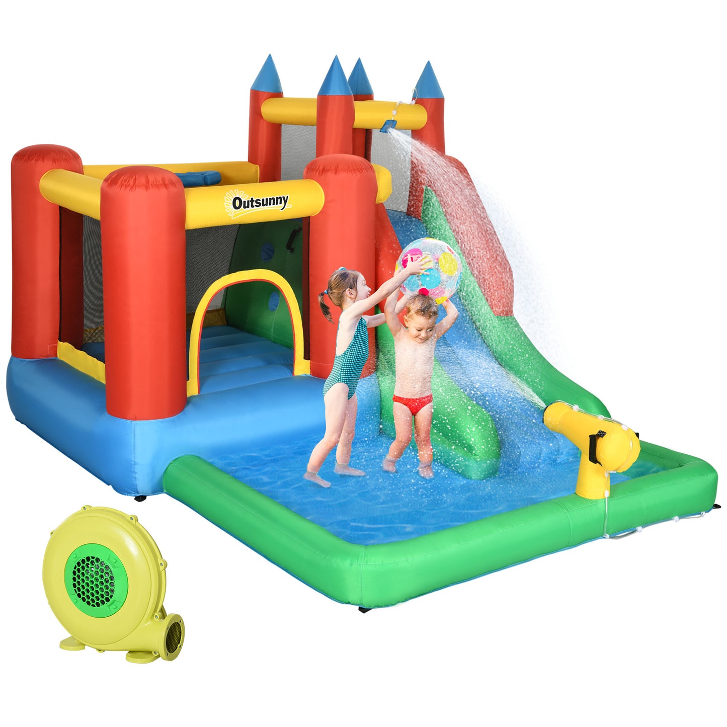 6 in 1 Inflatable Castle House Trampoline Slide Water Pool Gun Climbing Wall Basket with Inflator for Kids 3-12 Years Old Summer 11.5' x 8.8' x 7' Multicolor