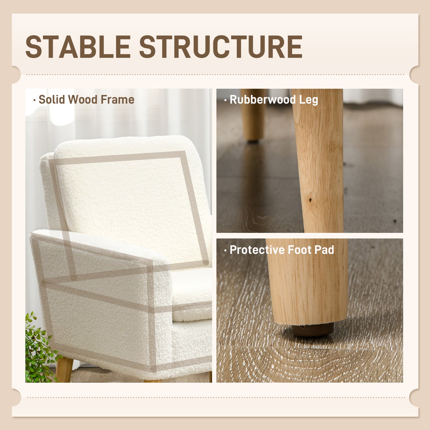 Modern upholstered armchair with wooden legs and wide padded seat, cream white