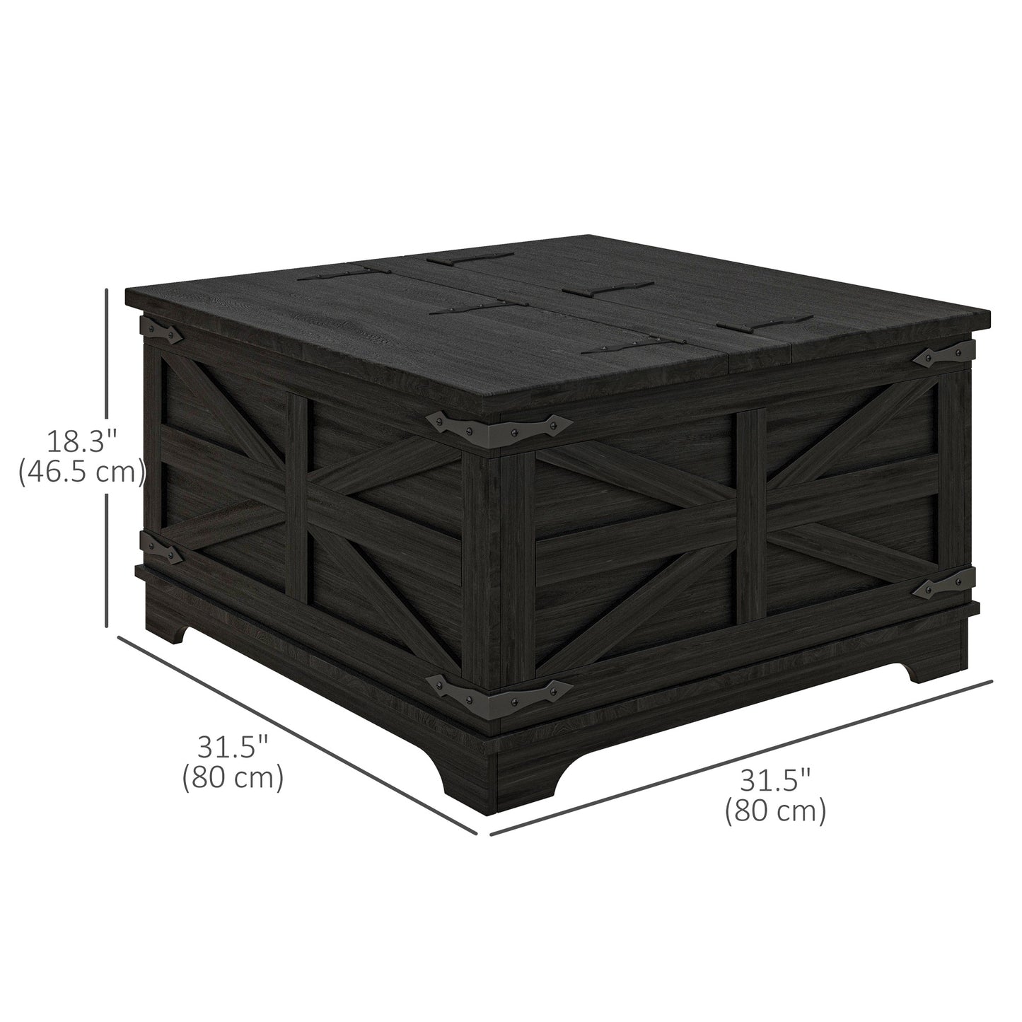 Table basse Farmhousemavec couvercles rabattables, compartiment de rangement dissimulé, noire
