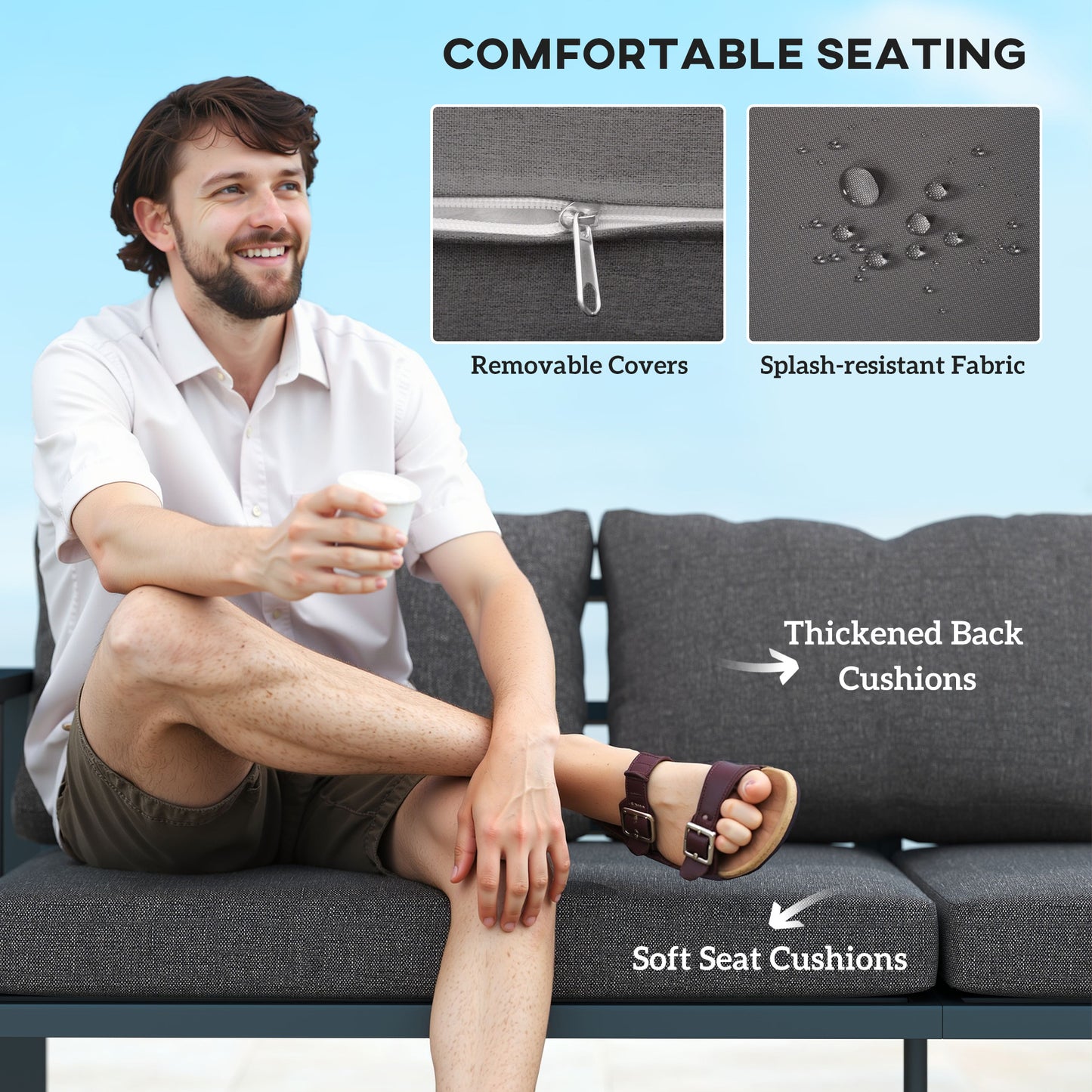 Canapé d'extérieur 3 places en aluminium avec coussins, assise large et accoudoirs, gris foncé