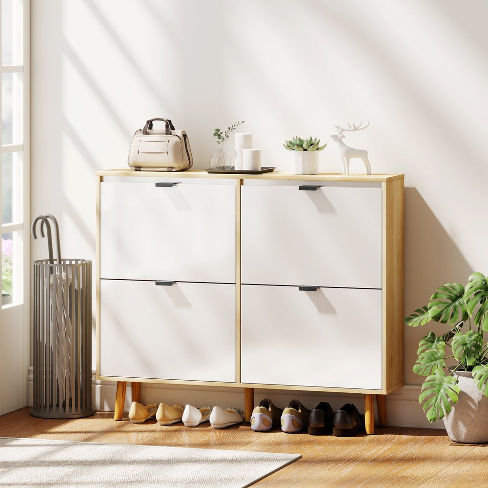 Meuble à chaussures étroit, finition brillante, avec 4 tiroirs rabattables et étagères réglables, pour 20 paires, blanc