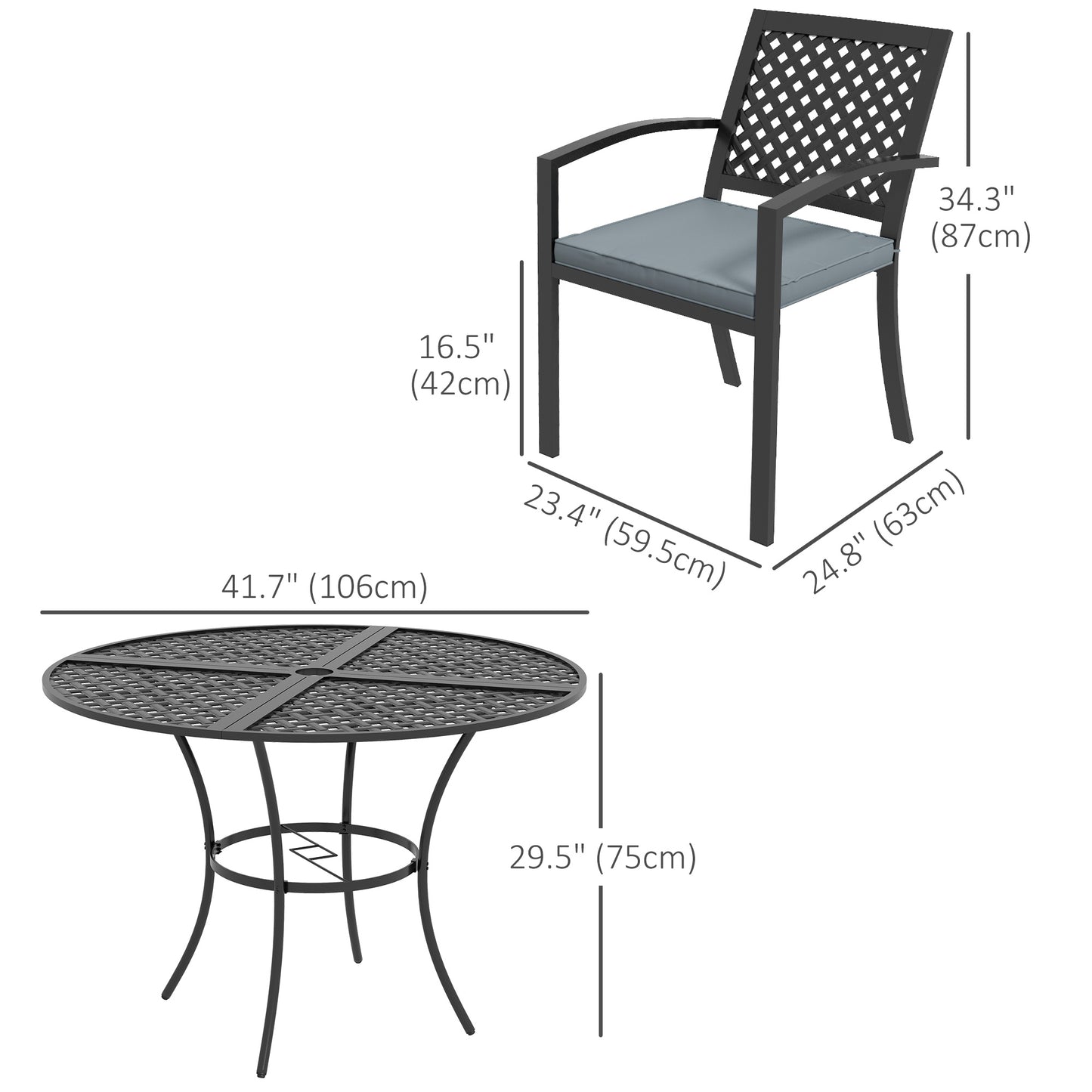 Outsunny 5-Piece Outdoor Dining Set with 4 Padded Stacking Armchairs, Patio Furniture Set with Umbrella Hole, Metal Table, for Garden, Patio, Poolside, Lawn, Backyard, Grey