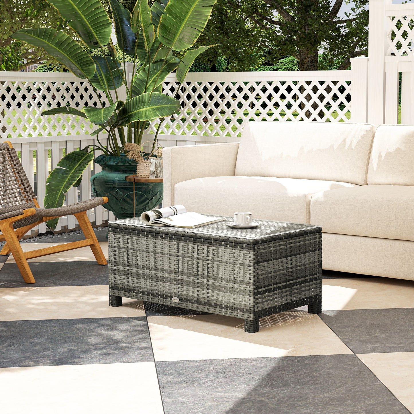 Table basse en rotin et osier avec plateau en verre, mobilier de jardin extérieur, marron trempé