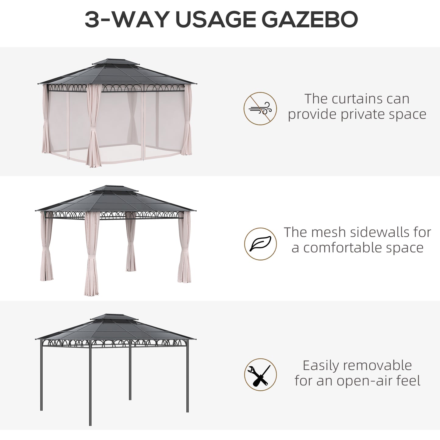 Gazebo 10' x 12' avec toit rigide double PC, structure en acier, filets et rideaux, kaki