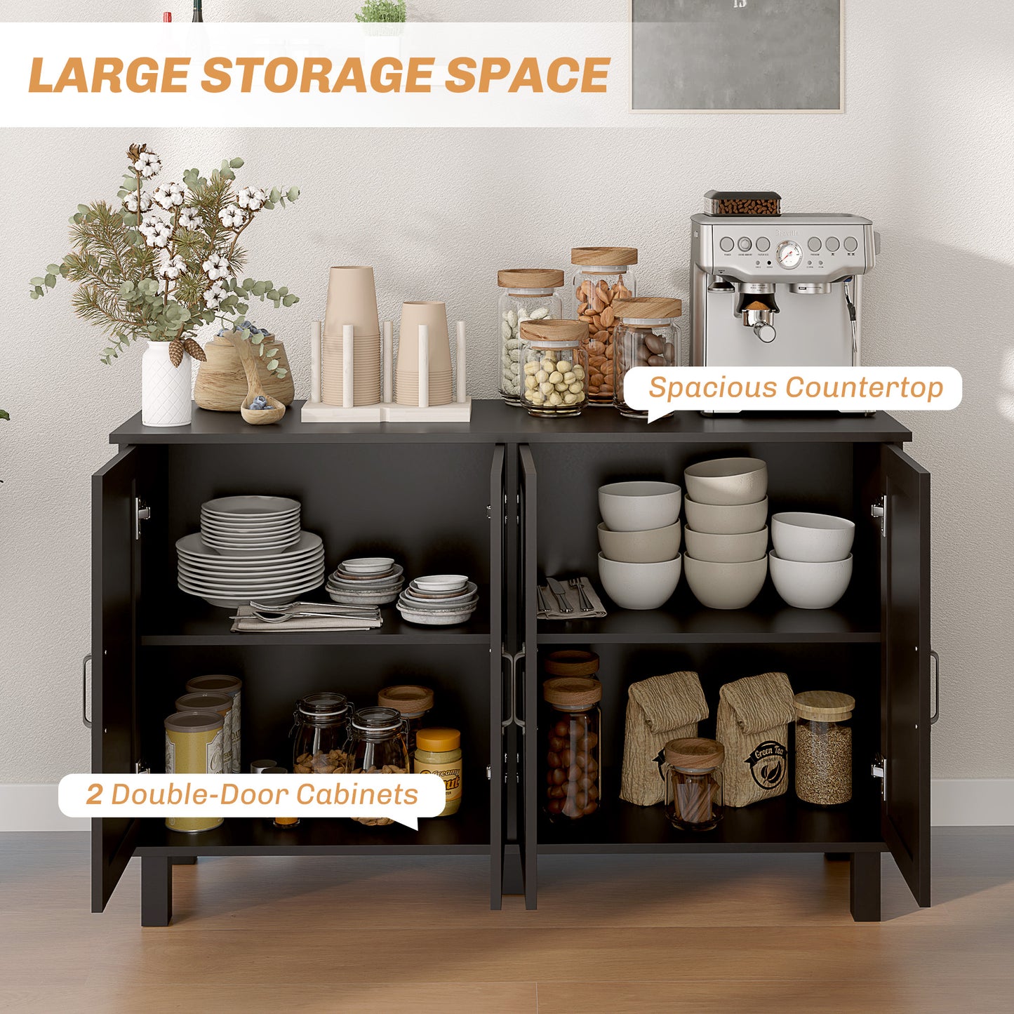 Buffet de cuisine avec 4 portes de grange et 2 étagères réglables, noir