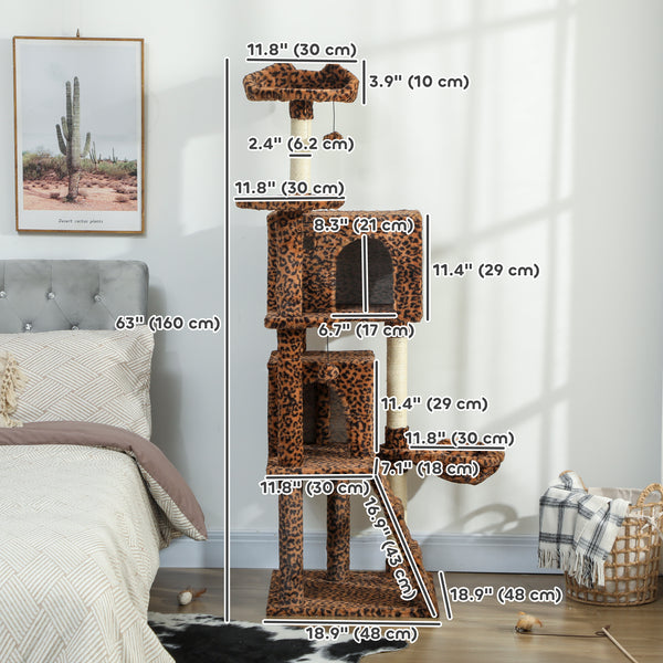 Arbre à chat de 160 cm avec griffoirs en sisal, cabanes, perchoirs moelleux, hamac, imprimé léopard