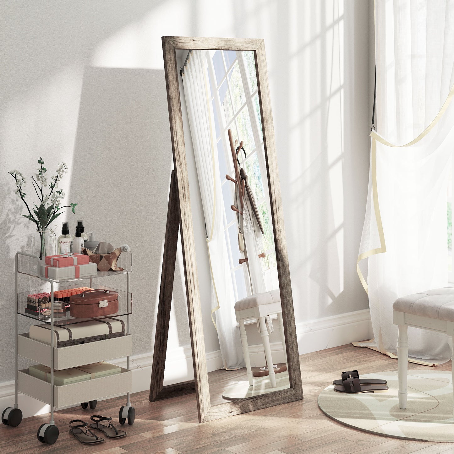 Miroir intégral pour chambre à coucher, salon, grain de bois gris