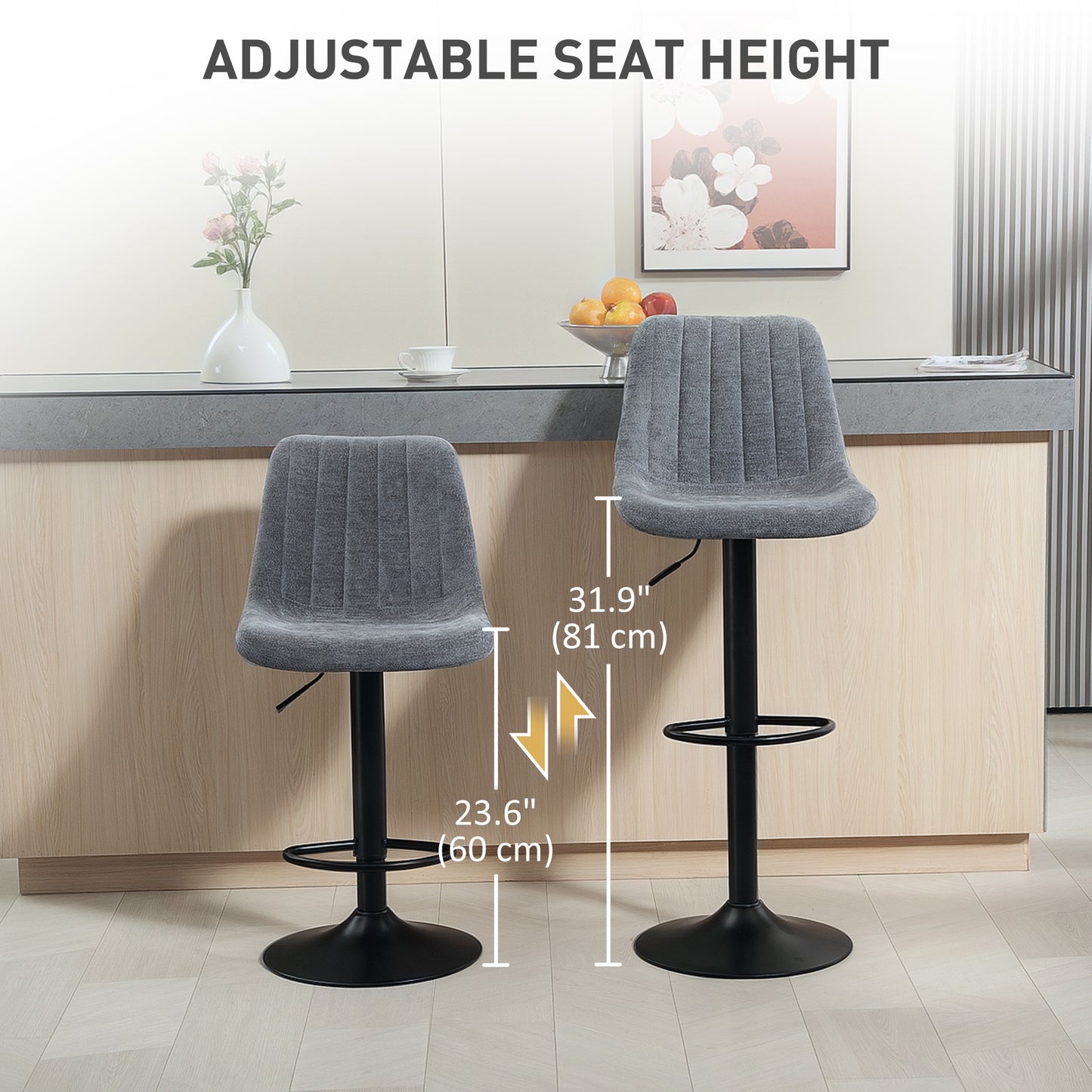 Lot de 2 tabourets de bar réglables pivotants avec dossier et repose-pieds pour îlot de cuisine, gris anthracite