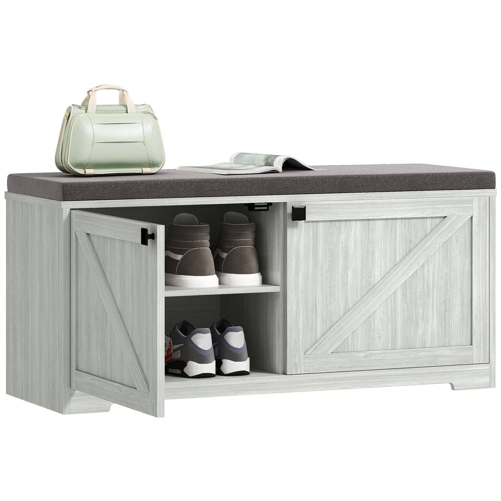 Banc de rangement à chaussures gris clair avec assise rembourrée, organiseur pour jusqu’à 8 paires