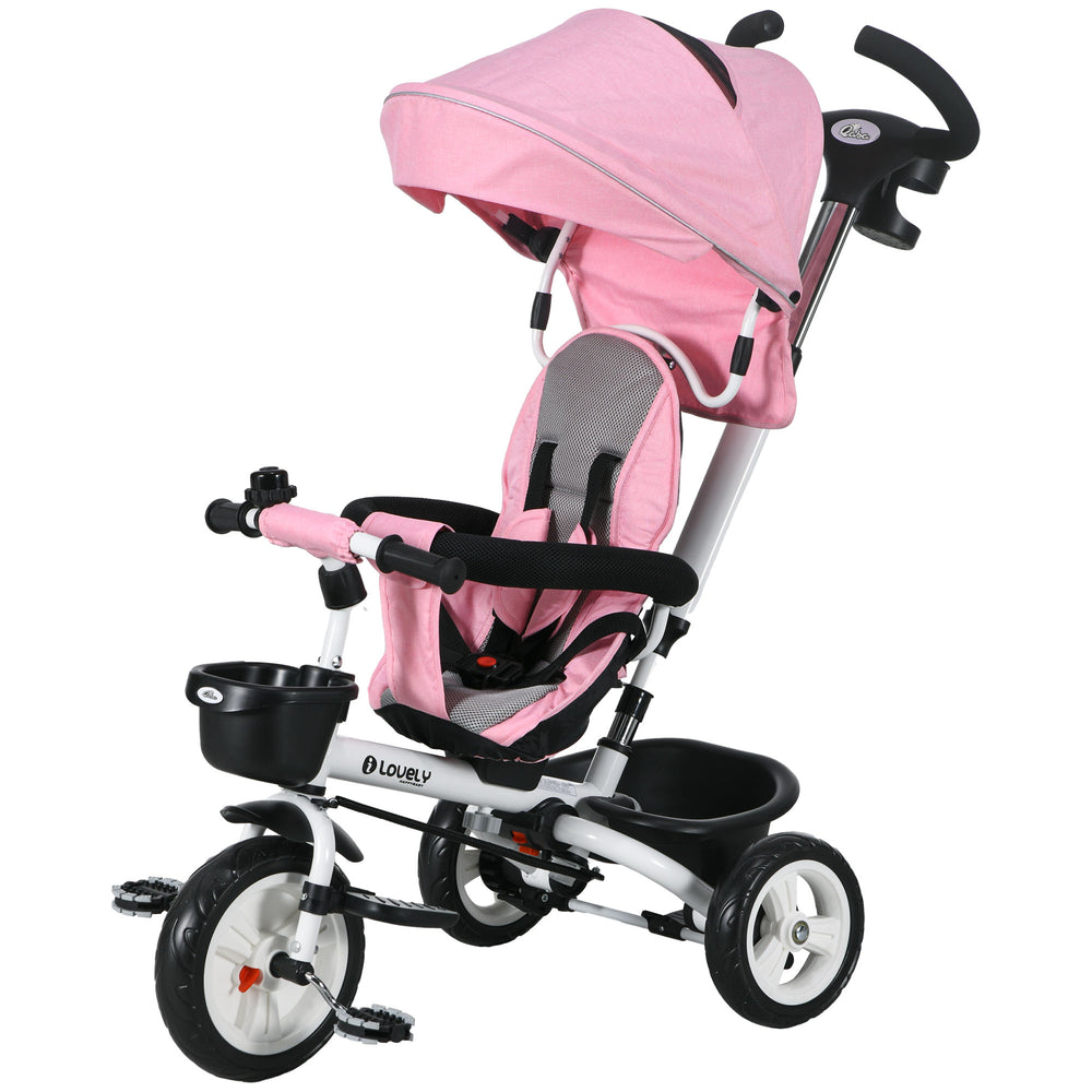 Tricycle 6 en 1 avec poignée parentale, auvent, paniers de rangement et porte-gobelet, rose