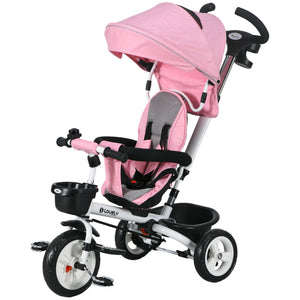 Tricycle 6 en 1 avec poignée parentale, auvent, paniers de rangement et porte-gobelet, rose