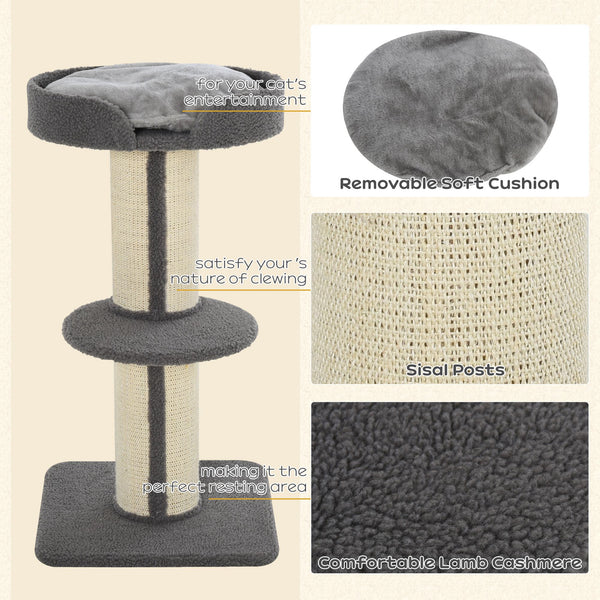 Arbre à chat avec tapis en sisal, griffoir, panier, coussin et perchoir, gris