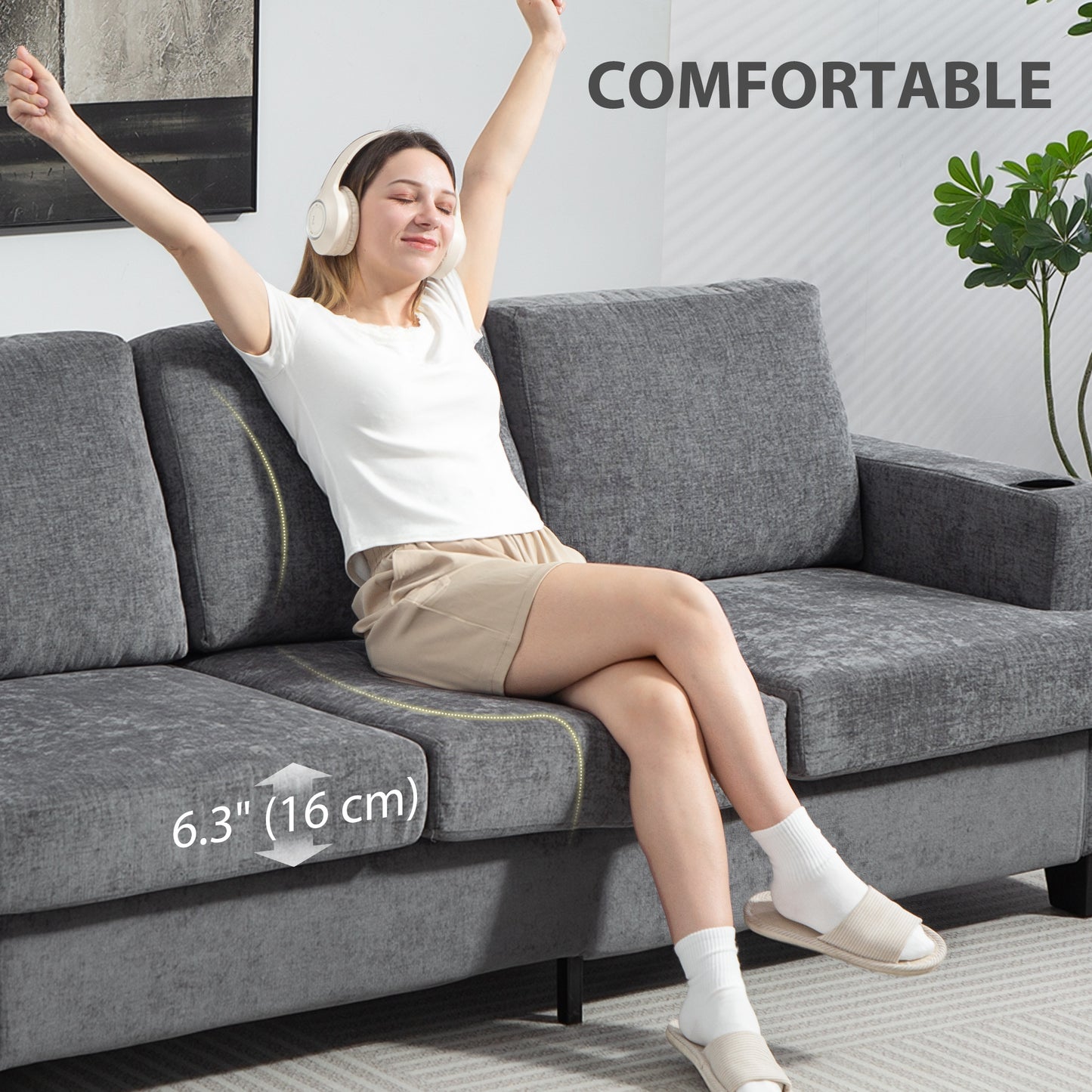 Canapé 3 places avec ports USB et porte-gobelets, gris