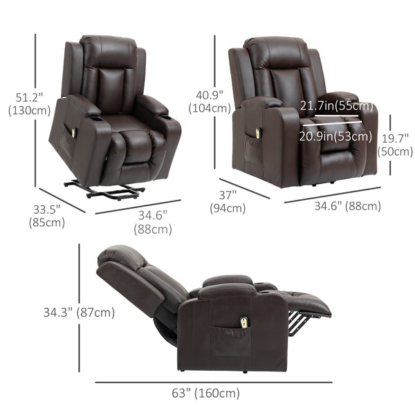 Fauteuil releveur électrique en cuir synthétique avec repose-pieds, marron