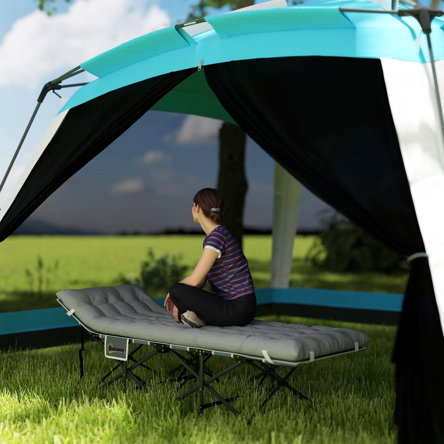 Lit de camp pour adultes avec matelas, sac de transport, poche de rangement, gris clair