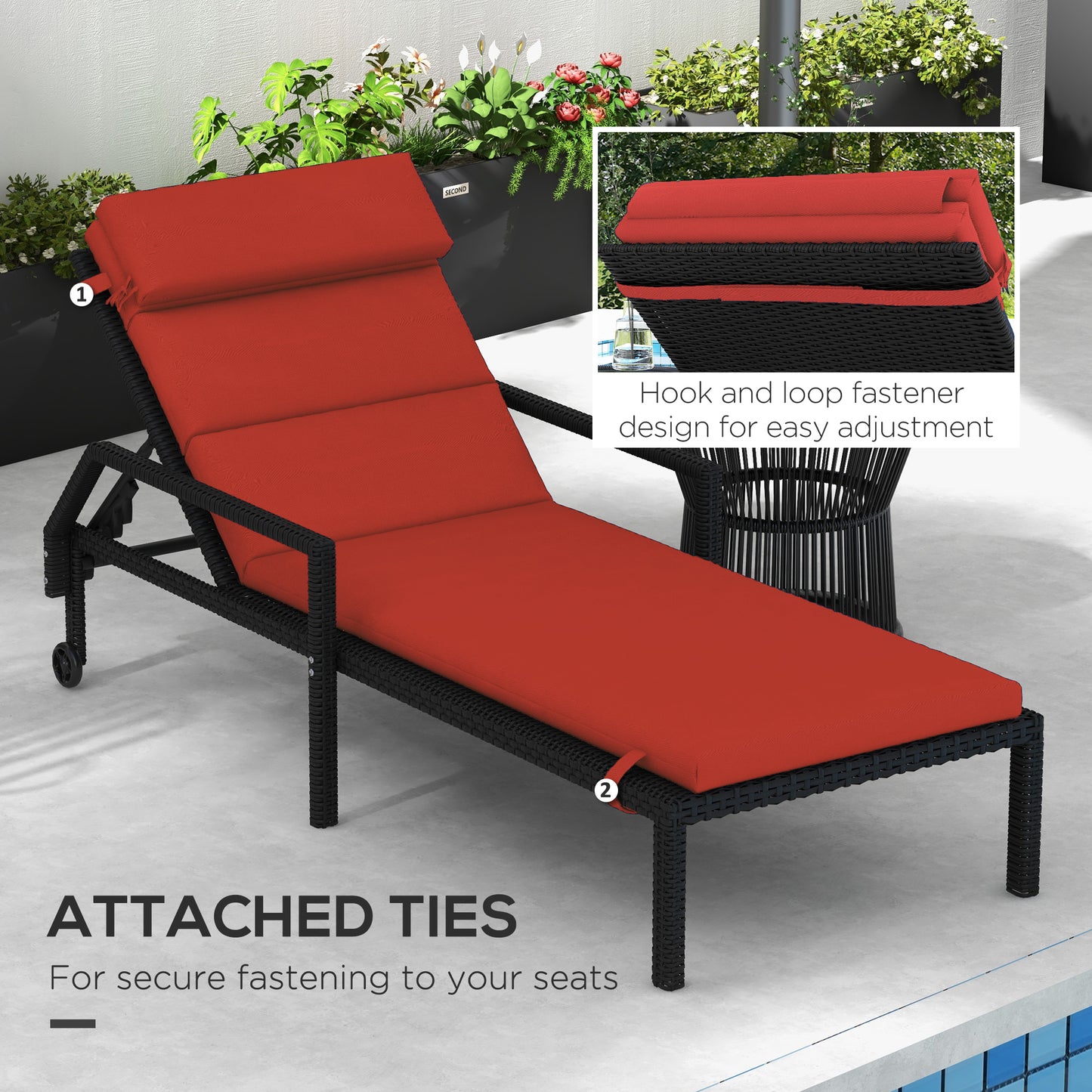 Coussin de rechange pour chaise longue avec appui-tête et attaches, rouge vin