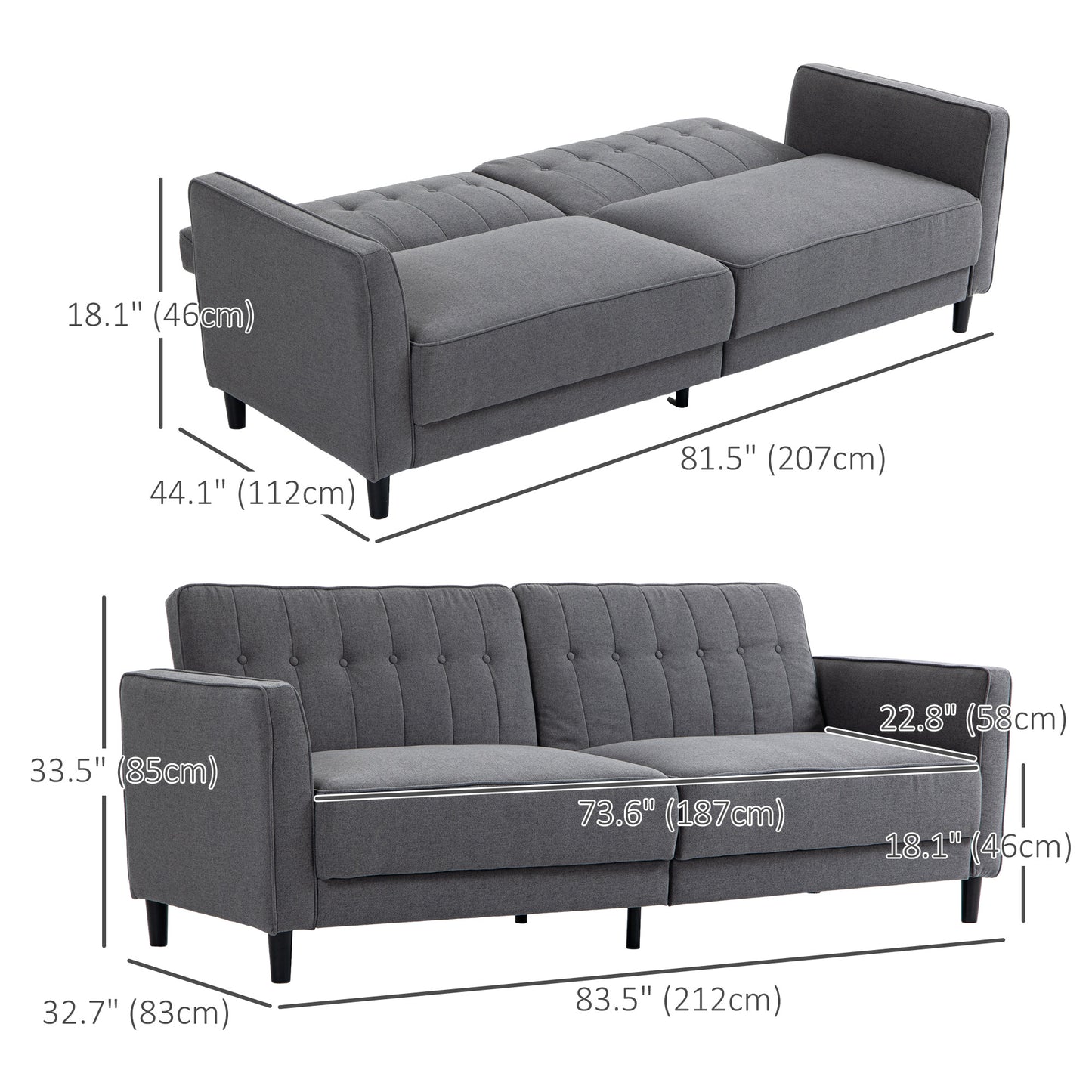 Canapé-lit convertible en tissu capitonné avec dossier réglable pour salon, gris anthracite