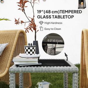 Table basse d'extérieur 48 cm en osier avec plateau en verre et étagère de rangement pour jardin, véranda, balcon, terrasse, gris foncé