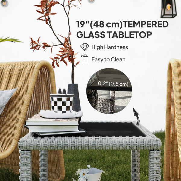 Table basse d'extérieur 48 cm en osier avec plateau en verre et étagère de rangement pour jardin, véranda, balcon, terrasse, gris foncé
