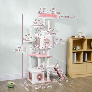 65-inch Cat Tree with 2 Doors, Plush Perch, Hammock, Sisal Scratching Posts, White