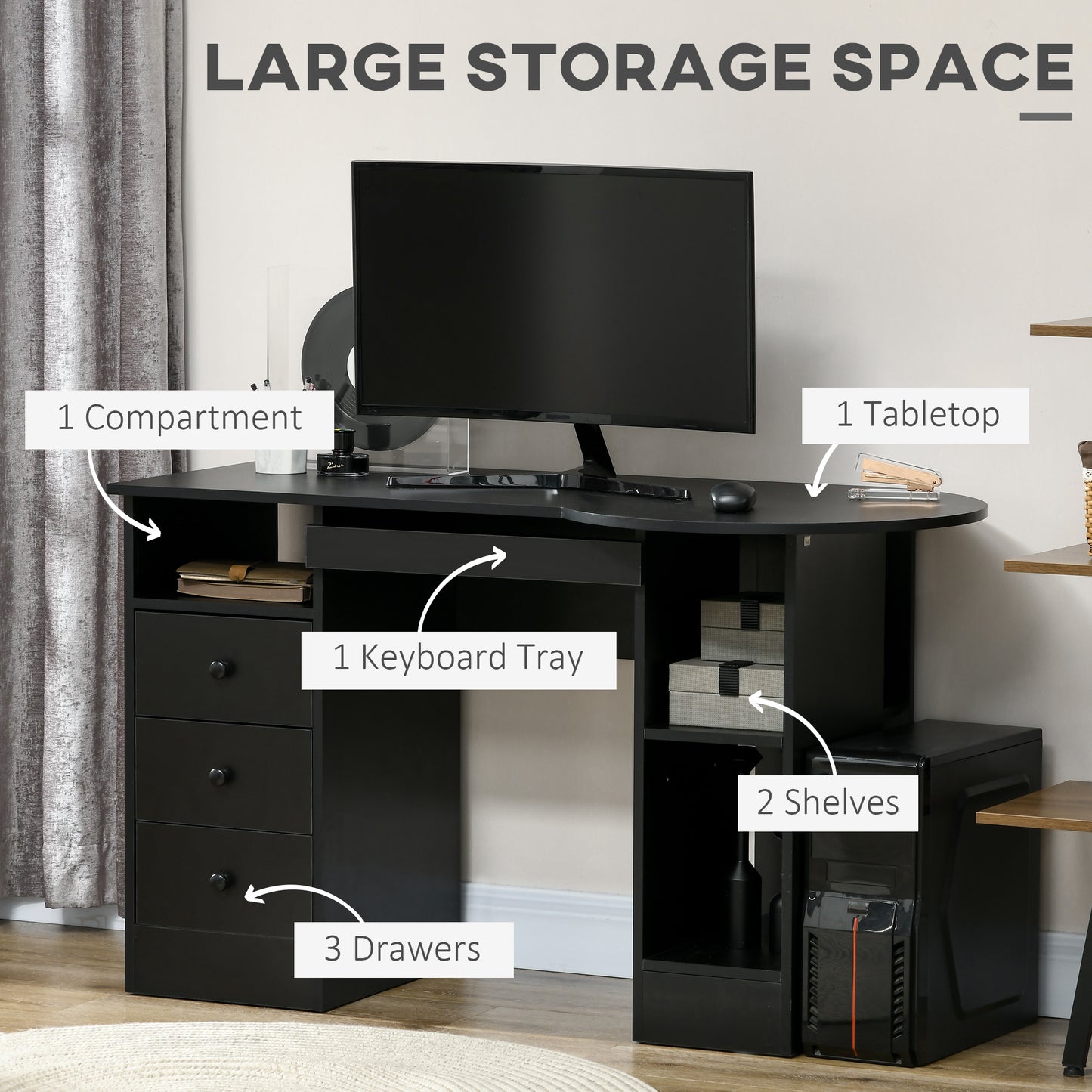 Bureau d'ordinateur avec étagères et tiroirs, plateau pour clavier, noir