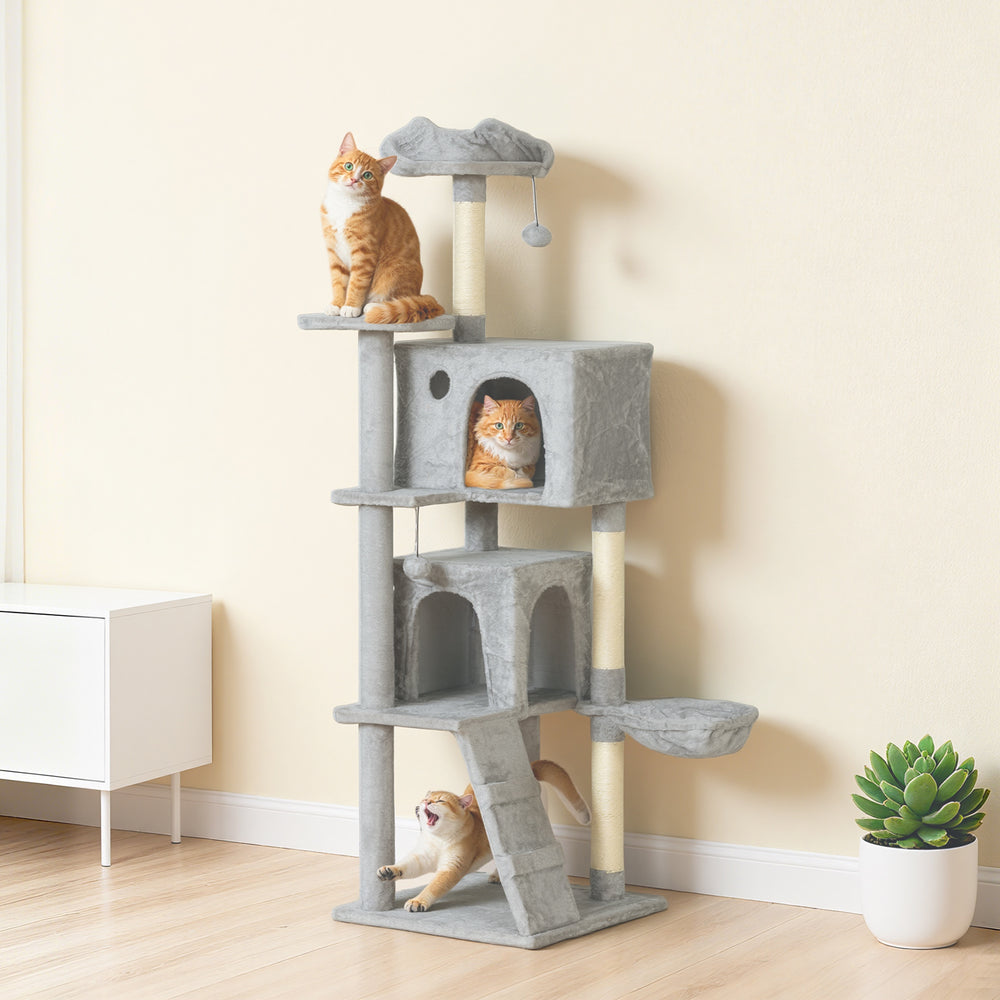 Arbre à chat de 160 cm avec griffoirs, cabanes, perchoirs, hamac, échelle, gris clair