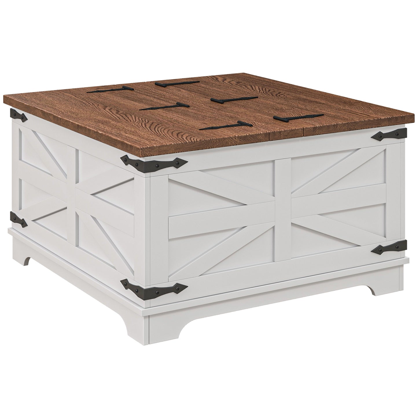 Table basse carrée style ferme avec couvercles rabattables et compartiment de rangement dissimulé, blanche