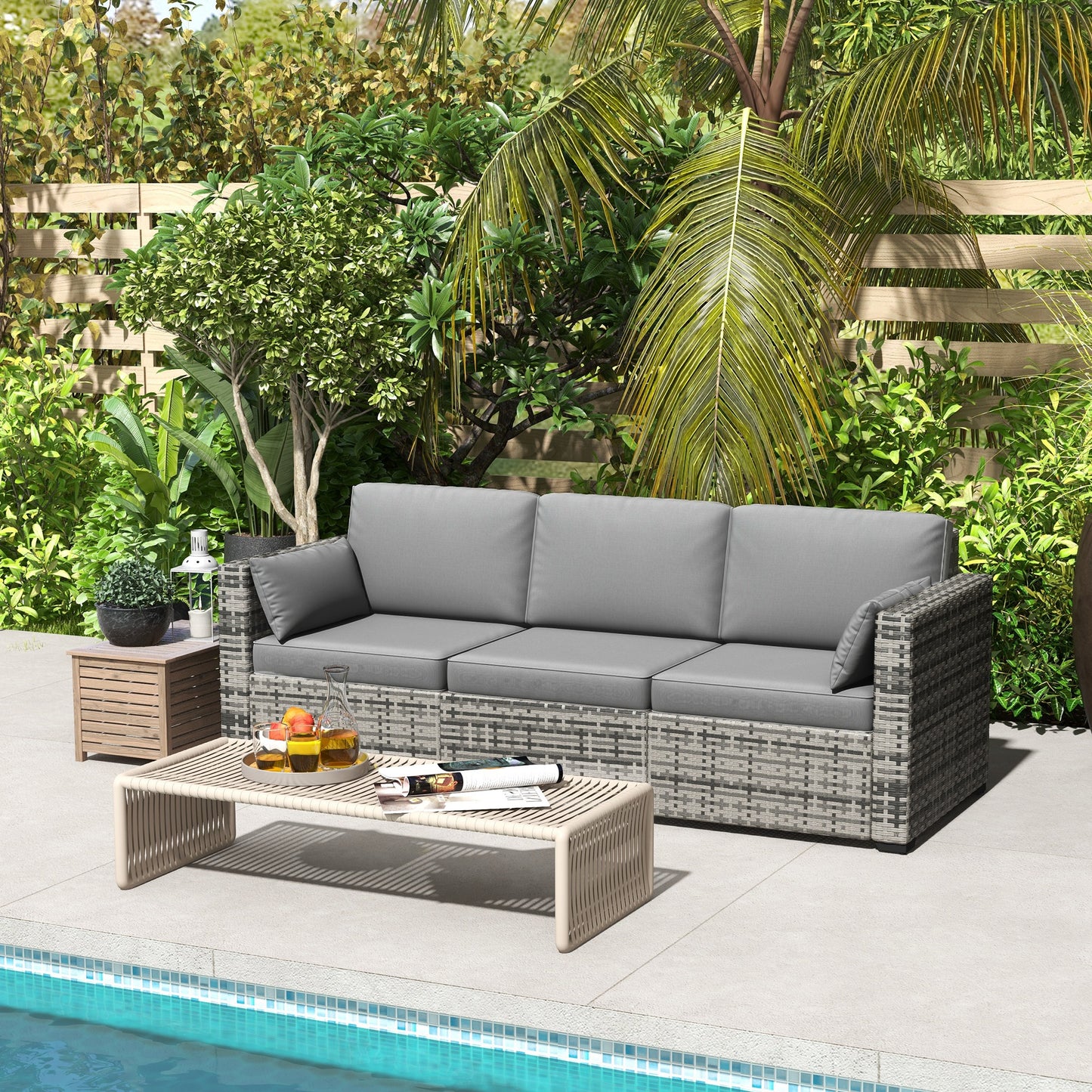 Canapé de jardin 3 places en rotin synthétique gris avec coussins gris, design moderne et résistant pour espace extérieur