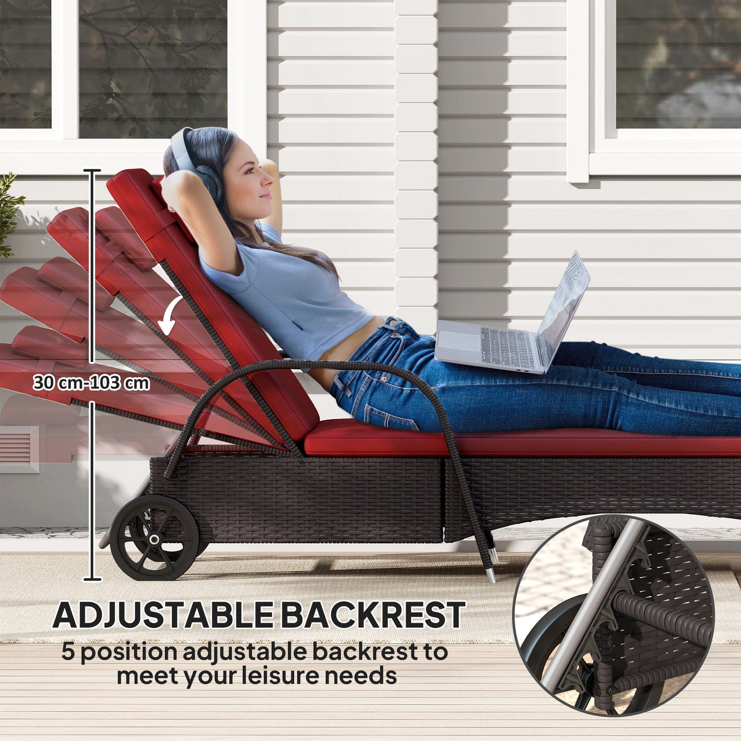 Outsunny Outdoor Sun Lounger, Lounge Chair with Headrest, 5 Level Adjustable, Backrest, Casters, Deep Coffee and Wine Red |