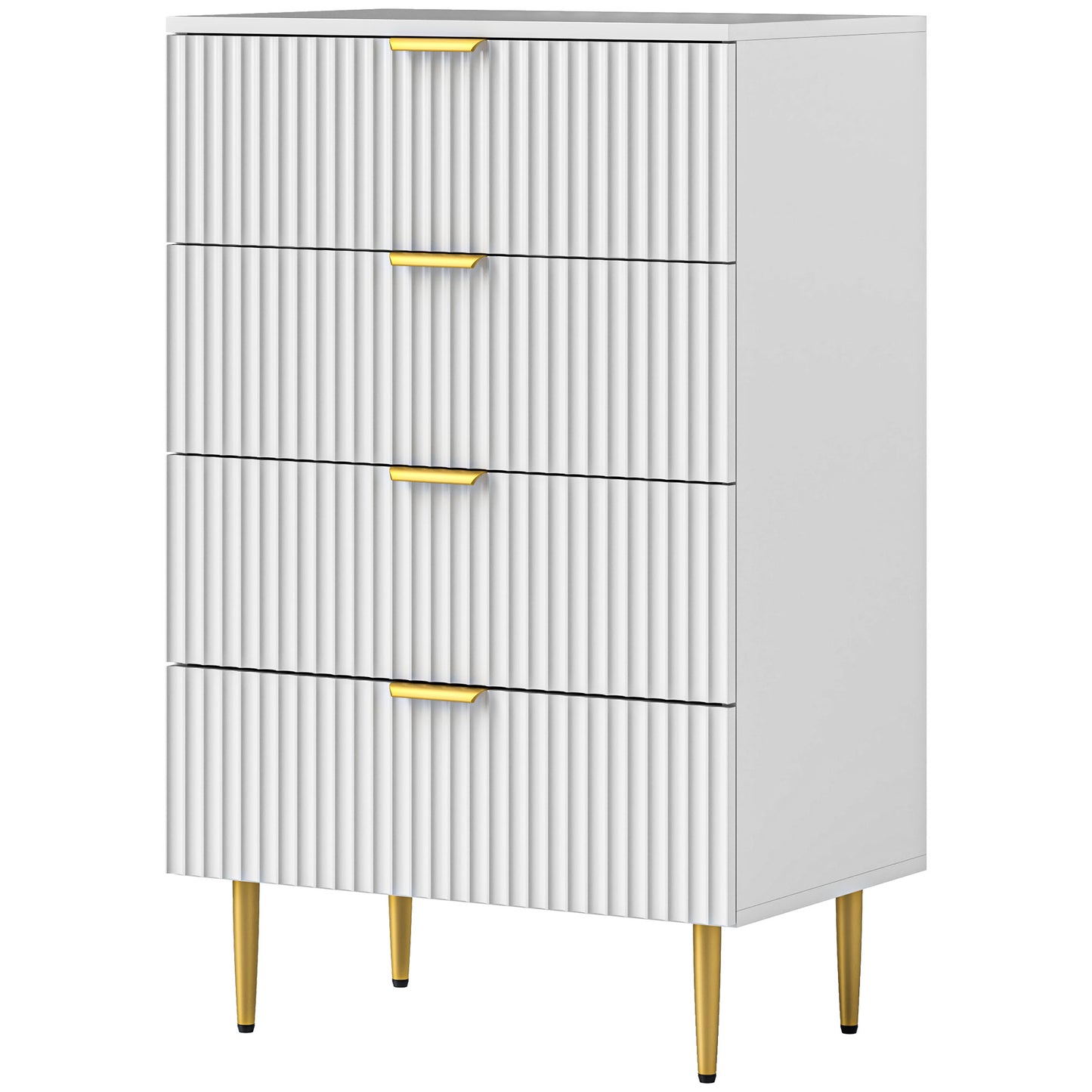 Commode moderne à 4 tiroirs avec pieds et poignées dorés, blanc