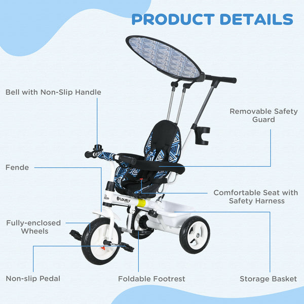 Tricycle 6 en 1 pour enfants avec guidon et auvent amovibles, bleu