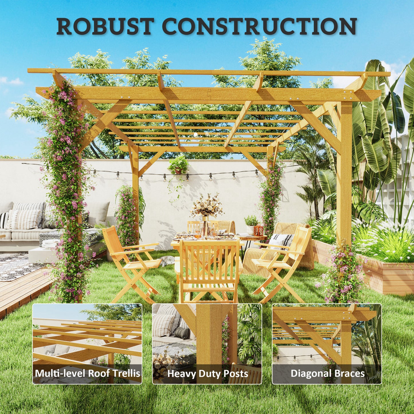 Pergola 10' x 13' avec treillis pour plantes grimpantes, bois naturel