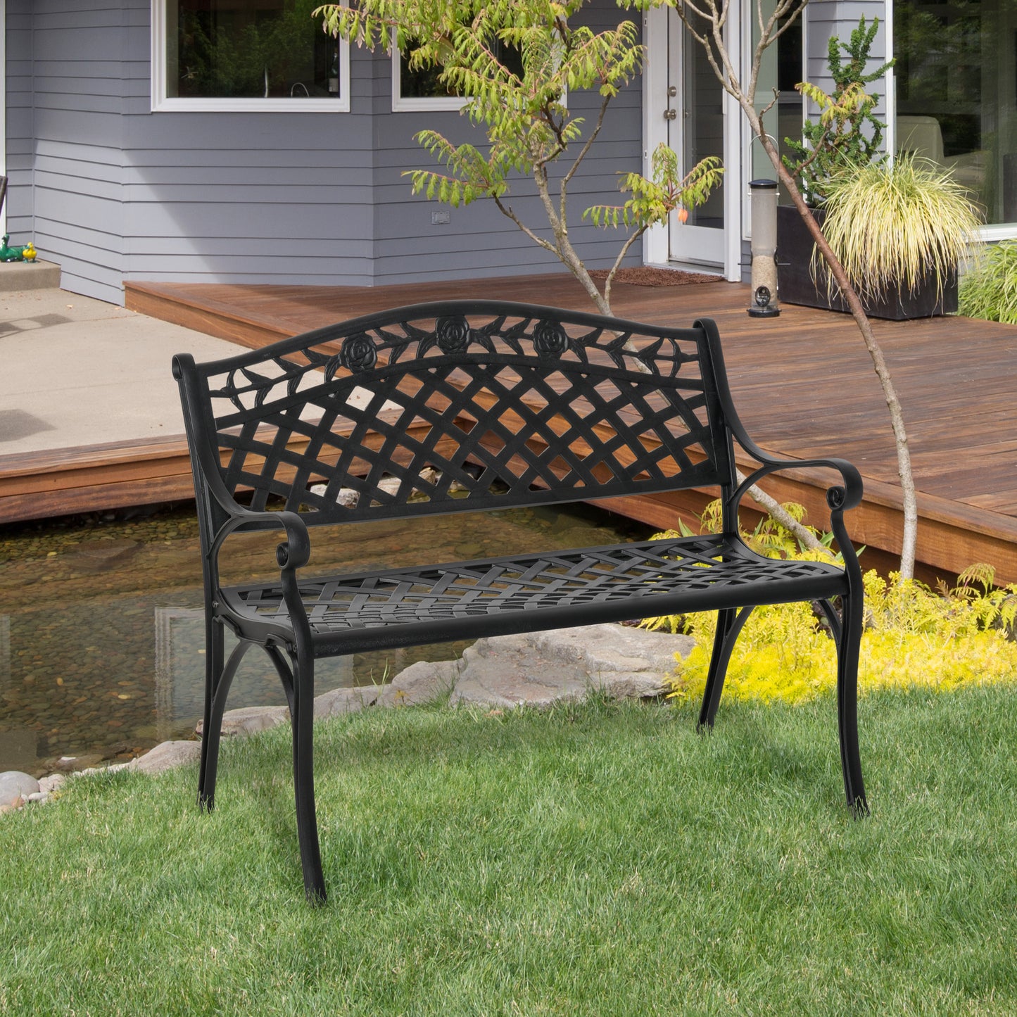 Banc de jardin d'extérieur avec cadre en aluminium et accoudoirs